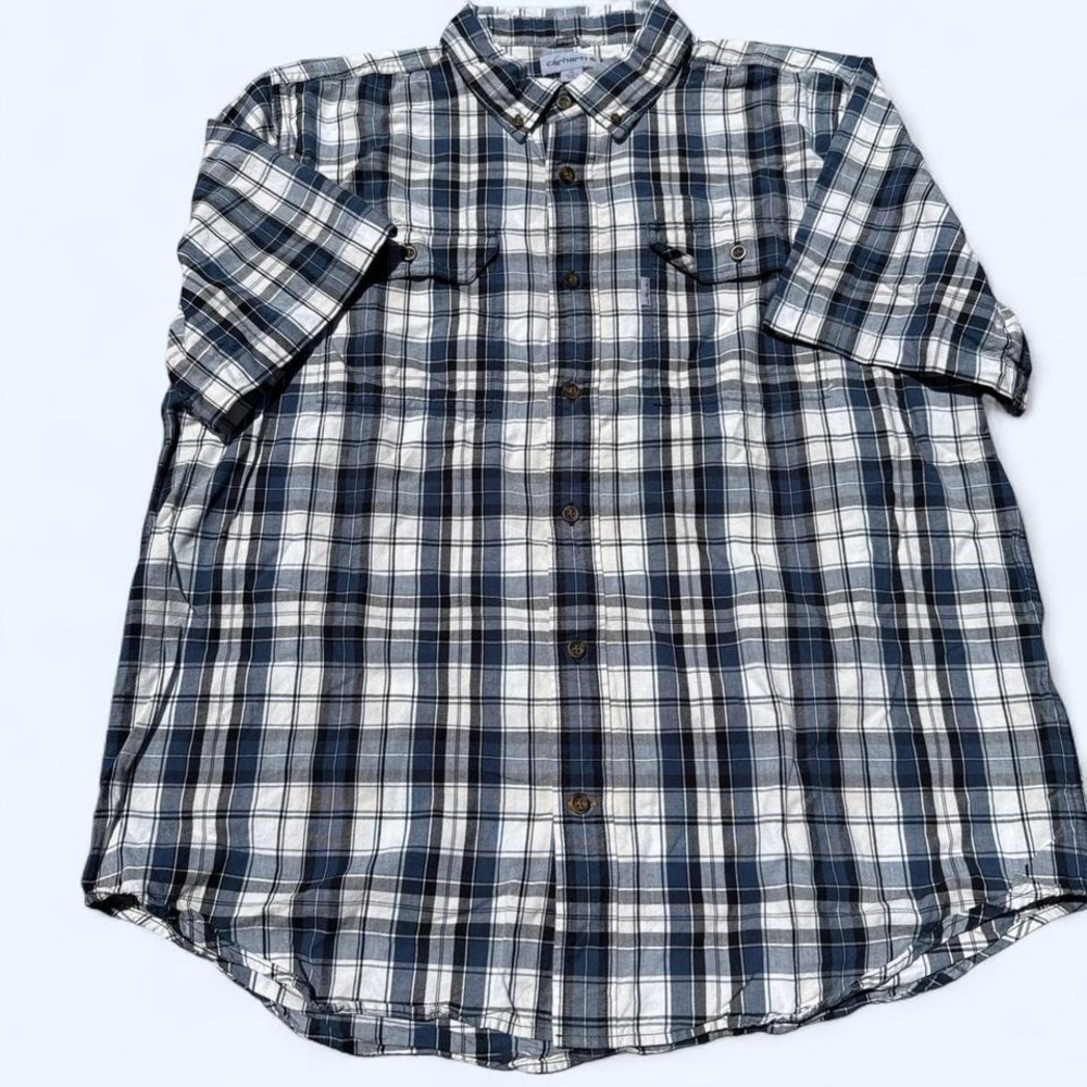 vtg carhartt plaid blue white button up shirt gorpcore granola hiker outdoors
